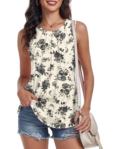 syoss Women's Summer Tank Tops Pleated Round Neck Sleeveless Trendy Tops for Women Dressy Casual3