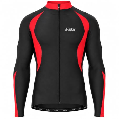Image of FDX Men Cycling Jersey Long Sleeves Windproof Warm Winter Cycle Top Red M