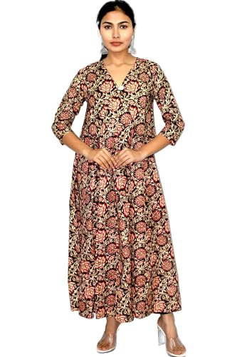 Image of JAIPUR HAND BLOCK Cotton Sleeveless Long Flared A Line Dress|Gown (S00063)