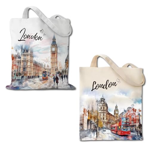 Cunegra Sac cadeau Londres Souvenir de Londres, Sac en tissu imprimé double face, Sac en toile pour femme, Sac à provisions vintage pour le bureau, les...
