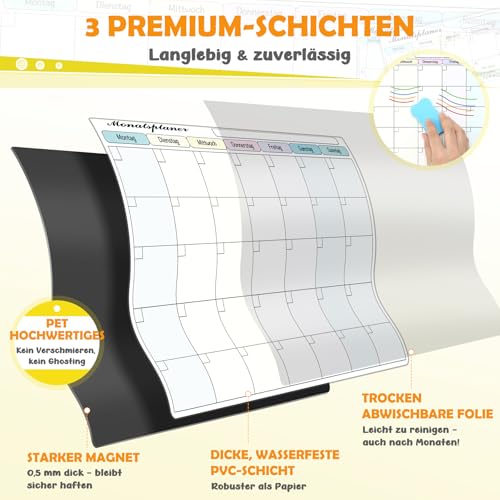 SONNELD Monatsplaner Abwischbar Magnetischer für Kühlschrank, Wiederverwendbarer Whiteboard Wochenplaner mit 6 Stiften & Radierer, für Küche, Büro, Schule, the Family Plan To do Liste 42 x 30 cm