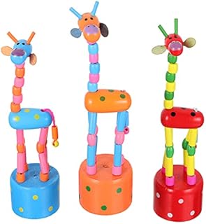 Healifty 3pcs Wooden Giraffe Figurine Toy Push Up Press Base Thumb Finger Puppets Dancing Rocking Animal Toy for Home Decoration Kids Toddler Gift (Random Color)