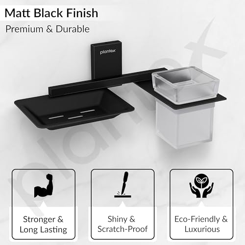 Image of Plantex 304 Grade Stainless Steel Soap Dish with Glass Toothbrush Holder /Soap Stand /Soap Case with Tumbler /Bathroom Accessories - (Crystal, Black)
