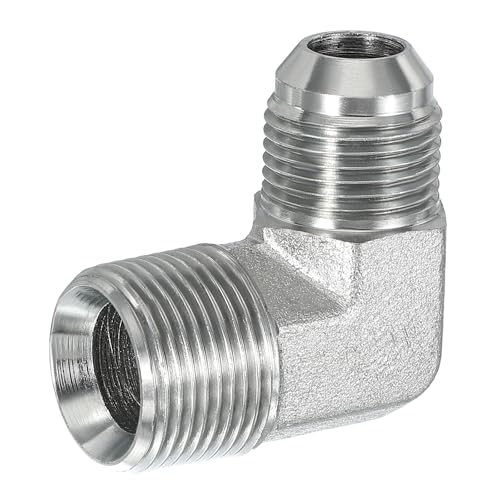 Image of PATIKIL 90 Degree Pipe Adapter, 7 /8 inch Male 37 Flare JIC x 3 /4 inch BSPT Male Connector Carbon Steel Elbow Fitting for Air Hydraulic Fluid Fuel Water Oil, Silver