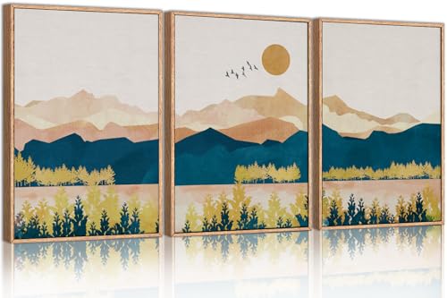 HPINUB Mountain Framed Canvas Wall Art Set, Mid Century Modern Wall Decor, Set of 3 Boho Artwork Nature Art Paintings, Bohemian Art Prints for Living Room, Bedroom, Dining Room, Office - 16"x24"x3