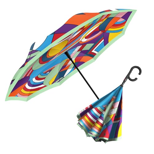 RainCaper Frank Lloyd Wright Reverse Inverted Windproof Reverse Opening Upside Down Umbrella with C-shaped Handsfree Handle (FLW Hoffman Rug)