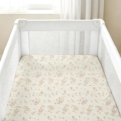 Image of Organic Pack and Play Sheets Fitted 38 inchx26 inch 100% Muslin Cotton, Mini Crib Sheets Compatible with Graco /hiccapop /YENING /Dream On Me /Babylicious Pack N Play Mattress, 1Playard Bedding Sheet Bed Cover