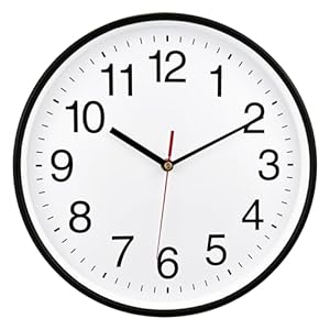 Plumeet Wall Clock, 10″ Non Ticking Silent Quartz Black Wall Clocks, Battery Operated, Decorative Home Office School Clock (White)
