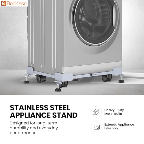 Image of BonKaso Adjustable Heavy Duty Appliance Stand with Wheels & Anti-Slip Pads | Steel Frame Trolley for Washing Machine, Refrigerator & Dishwasher | Load Capacity 200 Kg (50x43x12.5 cm) Grey