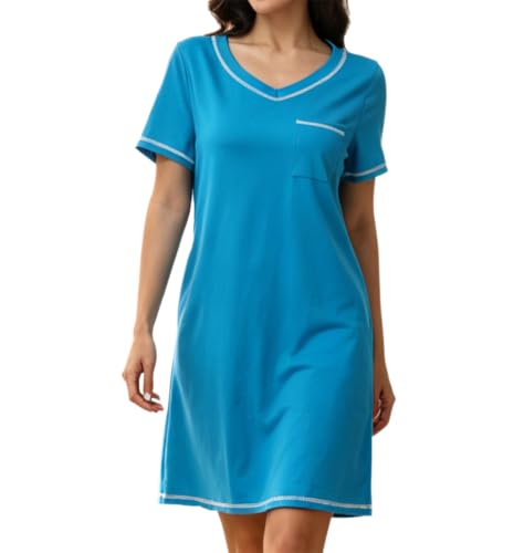 Chemise de nuit courte pour femmes coupe ample color block vêtement de nuit fluide avec poches