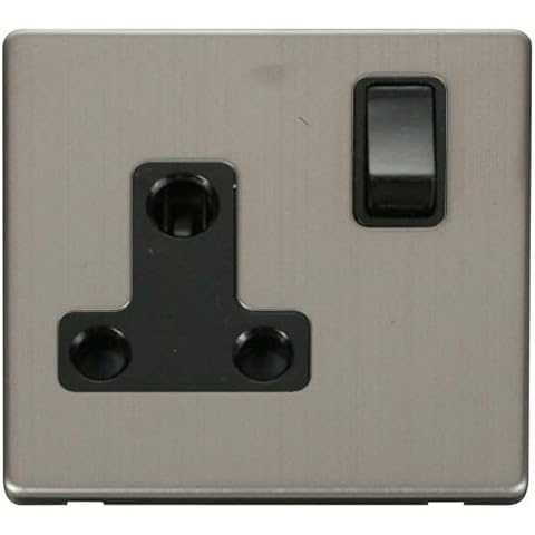 Click Definity Flat Plate Screwless 1 Gang 15A Round Pin Black Switched Socket with Stainless Steel Cover Plate Cover