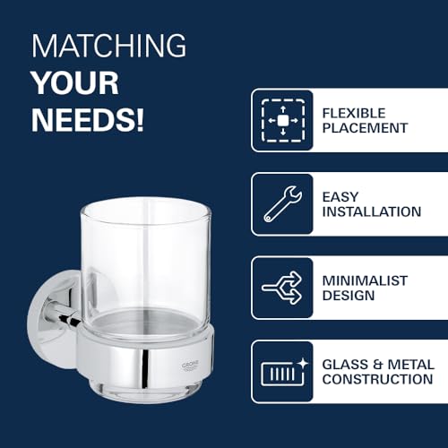 Image of GROHE Essentials Crystal Glass with Holder| Premium Glass & Durable Metal Construction| Chrome Finish | Wall-Mounted | Toothbrush & Accessory Organizer | 2 Year Warranty | 40447001