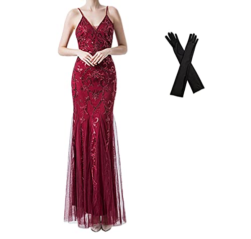 Image of Women Evening Dress 1920s Flapper Cocktail Mermaid Plus Size Formal Gown with Long Gloves