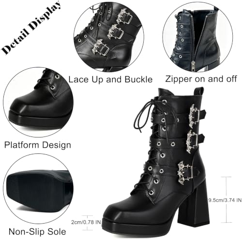 Image of MEOTINA Goth Women Platform High Heel Boots Buckle Combat Ankle Booties | Features edgy gothic steampunk rave emo sexy cosplay styling, designed with thick heel, buckle, studded ,lace up and zipper