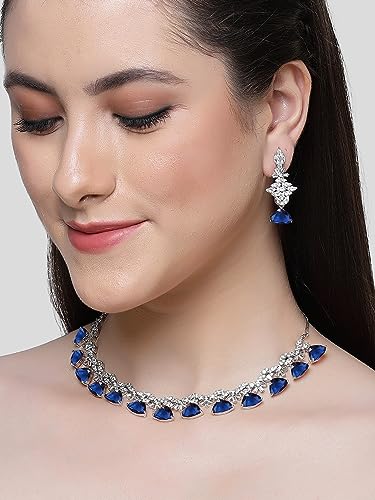 Image of Karatcart Silver Tone Green American Diamond Studded Necklace Set for Women