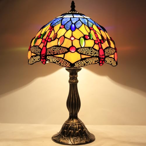 Image of WERFACTORY Tiffany Lamp Stained Glass Bedside Table Lamp 18 Inch Dragonfly