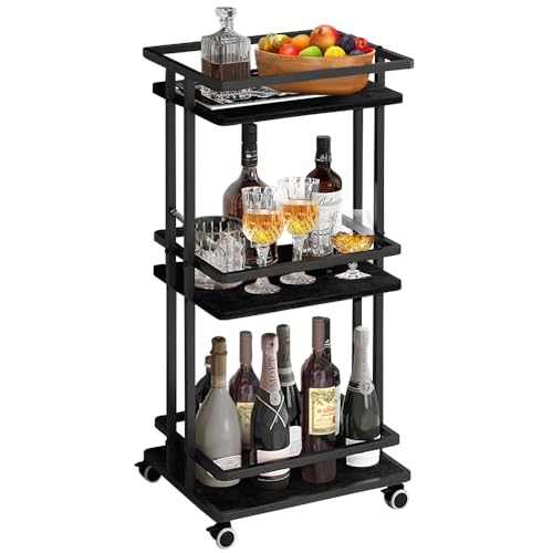 KIOVINO Carrito de Bar con Ruedas para el Hogar, Carrito de Cocina con Ruedas de 3 Niveles con Botellero y Portavasos, Carritos de Servicio con Ganchos, Carrito de Vino para...