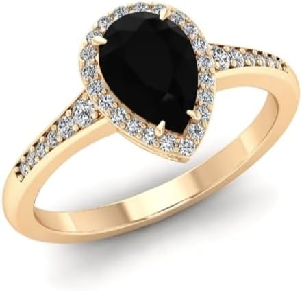 Pear Shaped Onyx Engagement Ring Set Rose Gold Black Stone Promise Ring Halo Unique Black Solitaire Anniversary Ring Half Eternity Ring