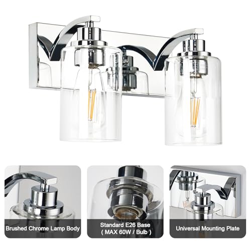 Image of 2-Light Bathroom Light Fixtures Modern Chrome Vanity Lights | Easy to Install Clear Glass Shades, Wall Mount Up or Down, E26 Socket, Hardwired, 125V