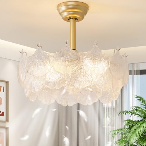 MEILEKE 20'' Fandelier Ceiling Fans with Lights, Gold Caged Ceiling Fan with Remote Low Profile, 6 Speed and Gingko Leaf, Modern Semi Flush Mount Ceiling Fan for Bedroom, Living Room, Nursery
