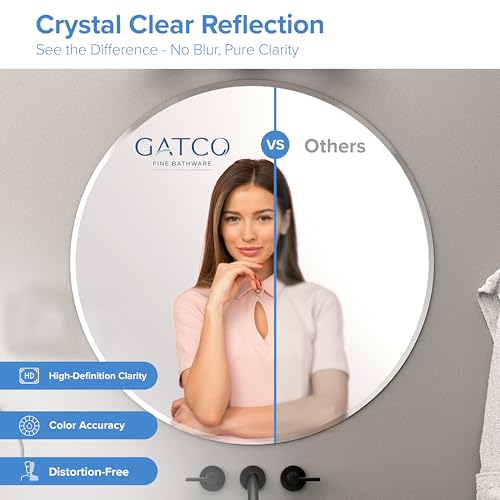 Image of Gatco 1807 Bathroom Wall Mirror, 35 inch Modern Mirror for Living Room, Vanity, Slim Design Beveled Frameless Large Round - Easy Mount Safety Bracket