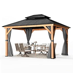 Happatio 1113 wood gazebo outdoor hardtop gazebo with mosquito netting and curtains double metal roof patio gazebo hard top gazebo for garden patio deck parties grey  urban country home decor