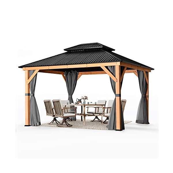 Happatio 1113 wood gazebo outdoor hardtop gazebo with mosquito netting and curtains double metal roof patio gazebo hard top gazebo for garden patio deck parties grey  urban country home decor