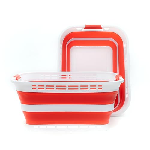 Image of SAMMART 42L (11 gallons) Collapsible Plastic Laundry Basket - Portable Pop Up Storage Container /Organizer - Portable Hamper - Space Saving Easy Storage (White /Viva Magenta [BPA Free] (Set of 2))