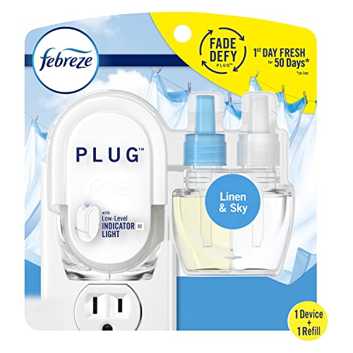 Image of Febreze Plug In Air Freshener, Odor-Fighting Scented Oil Starter Kit, Air Fresheners for Home and Bathroom and Kitchen, Long Lasting for Strong Odors, Linen & Sky Scent, Warmer + 1 Refill