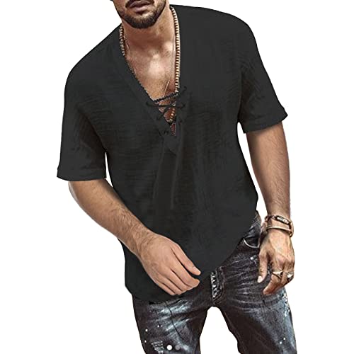 heekpek Camicia Lino Uomo Camicia Maniche Corte Uomo Estivo in Lino di Cotone Camicia Uomo Regular Fit Tinta Unita Estate da Spiaggia Shirt Scollo a V Camicia Casual Uomo, Nero, L