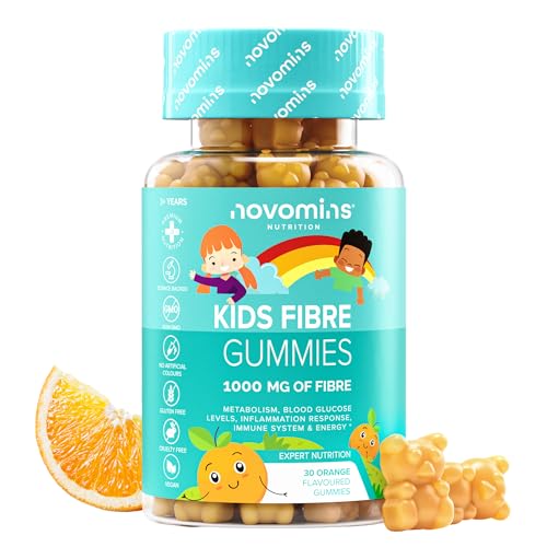 Kids Fibre Gummies - 1000 mg Fibre Supplement - with Chromium Vitamin D Vitamin B12 & Calcium - for Gut Health and Digestive System Support - Vegan - Gluten-Free - 30 Inulin Gummies - Novomins