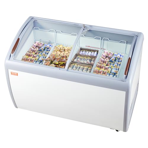 VEVOR Vitrina Comercial para Helado, Congelador Horizontal 362 L, Móvil con Tapa de Vidrio, con 4 Cestas de Alambre, 2 Puertas Corredizas de Vidrio, Ruedas con Bloqueo, Blanco, 1260 x 705 x 875 mm