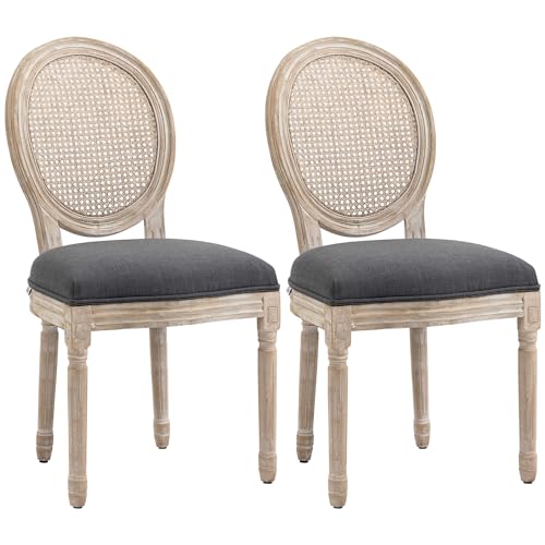 HOMCOM Lot de 2 chaises de Salle à Manger - Chaise de Salon médaillon Style Louis XVI - Bois Massif sculpté, patiné - Dossier cannage - Aspect Lin Gris