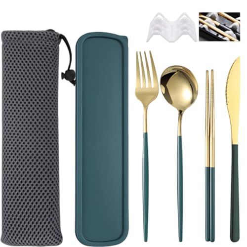 Fleymu 4 Piezas de Cubiertos para Llevar, Cubiertos Camping de Acero Inoxidable con Estuche y Bolsa de Almacenamiento, Juego de Palillos de Cuchillo, Tenedor y Cuchara para Oficina（Oro verdoso）
