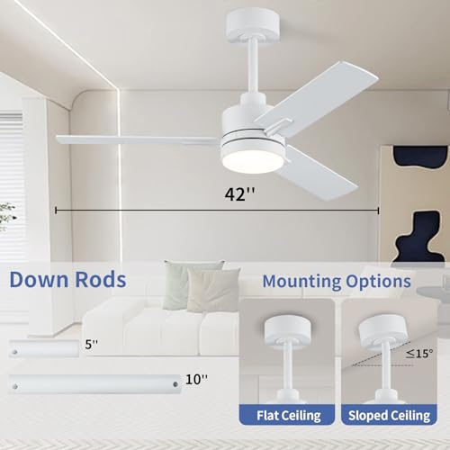 Image of LANMEL 42 Inch Metal Ceiling Fan with Light, Modern Flush Mount Low Profile with Remote Control, Reversible, 3cct Dimmable, Quiet, White LED for Bedroom, Living Room, Indoor /Outdoor Patio Use