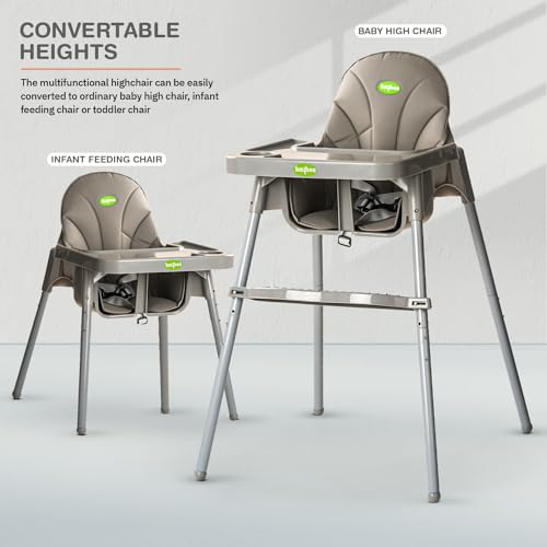 Image of Baybee 2 in 1 Baby High Chair for Kids, Baby Feeding Chair with 2 Height Adjustable, Footrest, Tray, Mobile Stand, 3 Point Safety Belt | Kids High Chair for 6 Months to 3 Years (Grey)