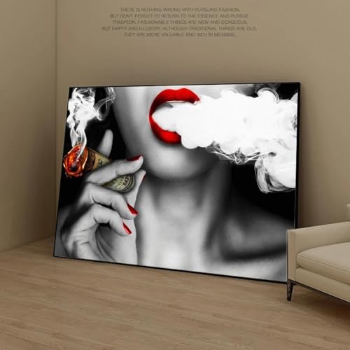 Tableau pop art fille au cigare 90x145 cm avec cadre noir design moderne lèvre rouge