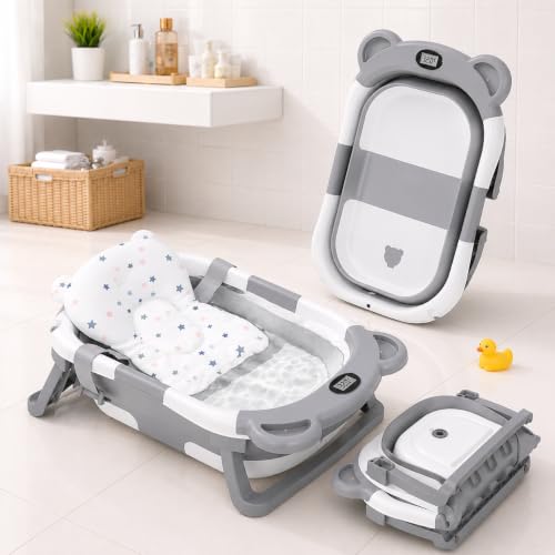 Image of TINSY Foldable Baby Bath Tub with Built-in Water Thermometer & Soft Head Support Pillow | Portable Newborn Bathtub | Anti-Slip Legs | Space-Saving Infant Bath Tub for Babies & Toddlers | Cloud Grey