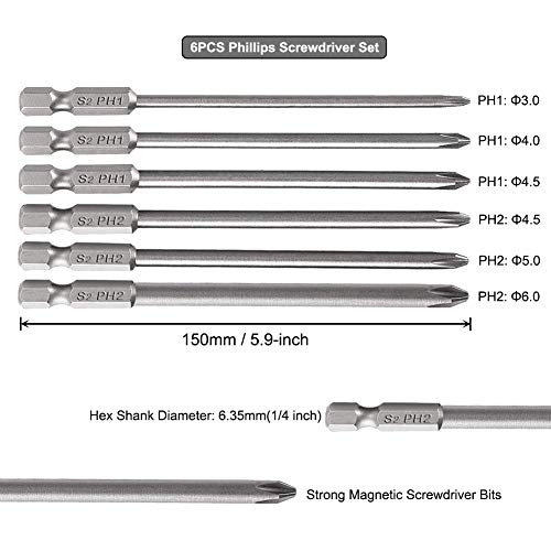 Image of Saiper 6pcs Magnetic Cross Head Screw Driver Bit 1 /4 Inch Hex Shank Phillips Screwdriver Set Bits Power Tools, 150mm / 5.9-inch Length