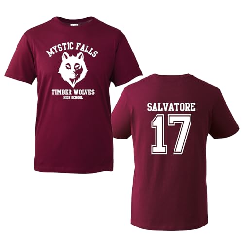 The Vampire Diaries Inspired T-Shirt - Mystic Falls Salvatore 17 Front & Back Print | Crew Neck Unisex T-Shirt |Regular Fit 100% Cotton Printed TT Shirt for UK Men/Women/Kids Wine