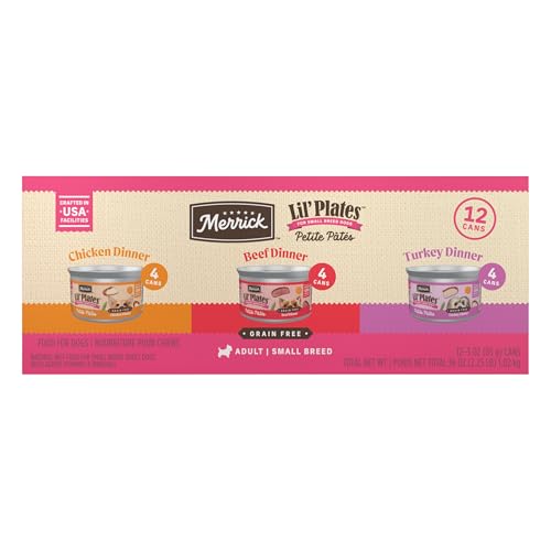 Merrick Lil Plates Petite Pates Premium Grain Free Wet Dog Food Variety Pack Natural Beef Chicken Turkey - (Pack of 12) 3 oz. Cans