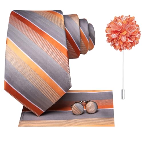 Image of Hi-Tie Men Silk Ties Set with Flower Lapel Pin Necktie Pocket Square Cufflinks for Tuxedo Wedding Business