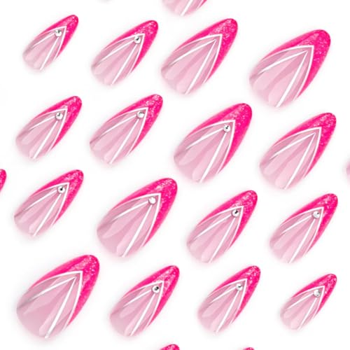 Image of Pink French Tip Press on Nails Glitter Fake Nails Silver Line with Rhinestone Design Medium Almond Glue on Nails Glossy Artificial Acrylic Full Cover Nude Stick on Nails for Women Manicure 24Pcs