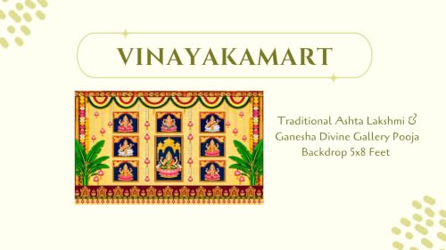 Image of laxmi Devi Backdrop Cloth |Traditional Ashta Lakshmi & Ganesha Divine Gallery Pooja Backdrop 5x8 Feet | varamahalakshmi Pooja Background