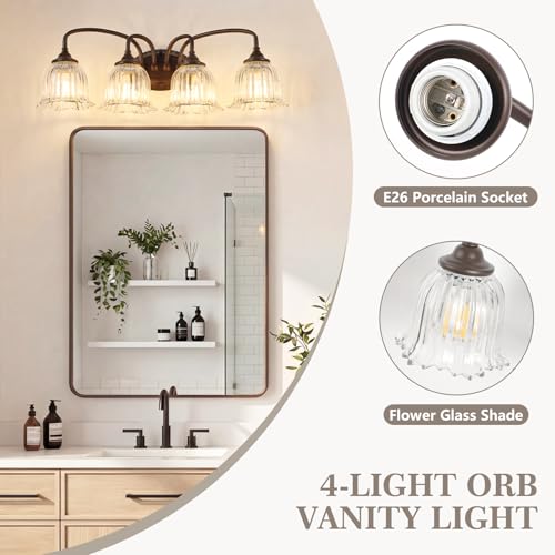 Image of Oil Rubbed Bronze 4-Light Bathroom Light Fixtures with Floral Glass Shade | Vintage Vanity Lights Wall Sconces Over Mirror for Bathroom Powder Room