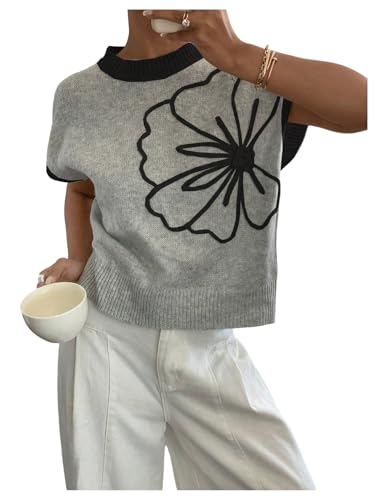 Image of SOLY HUX Women's Short Sleeve Sweater 3D Floral Sweaters Pullover Tank Tops Knit Vest Trendy Fashion Clothing