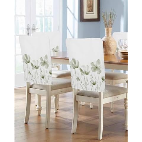 4 Pack Chair Back Covers, Sage Green Flower on White Dining Room Chair Cover Washable Chair Slipcover Back Chair Protector for Holiday Party Kitchen Home Still Life Floral Cover