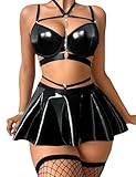 Gulinala Women Sexy Pu Leather Lingerie Set Choker Chain Strappy Bra Skirt Exotic Lingerie Outfits (Shiny Black Medium)