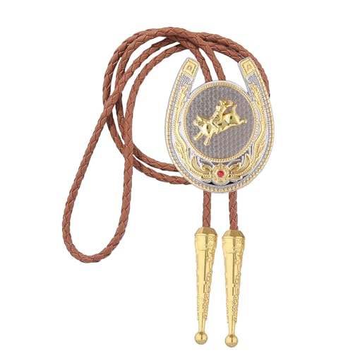 GelConnie String Ties for Men Horseshoe Shaped Pendant Bolo Ties Rodeo Cowboy Leather Necktie Bull Rider Figure Vintage Style