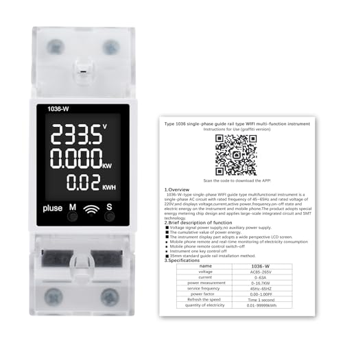 DEWIN Medidor de Consumo Electrico WiFi,AC85-265V 63A Contador Electrico Medidor Consumo Electrico,Puede Medir Tensión, Corriente, Potencia, Grado, Factor De Potencia, Frecuencia, Etc.